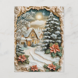 Postal Festiva Vintage Christmas Cottage con flores de Poinsettia