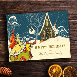 Postal Festiva Vintage Christmas Fiesta Cottage Winter Scene<br><div class="desc">Tarjeta de saludo de vacaciones de principios del siglo XX con un grupo que llegaba frente a una casa de campo cubierta de nieve y el cielo de la noche de la hora azul yendo a un fiesta de Navidades. Con un mensaje editable y un nombre familiar en el guión...</div>