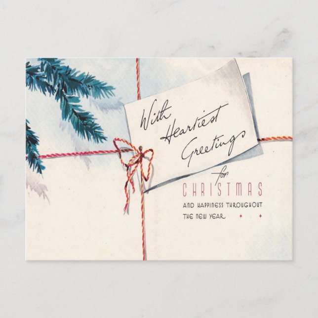 Postal Festiva Vintage Christmas Greetings Red String Evergreen (Anverso)