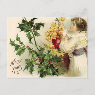 Postal Festiva Vintage Christmas Holly Berry y Rosas