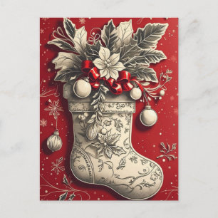 Postal Festiva Vintage Christmas Holly Stocking Holiday Postcard