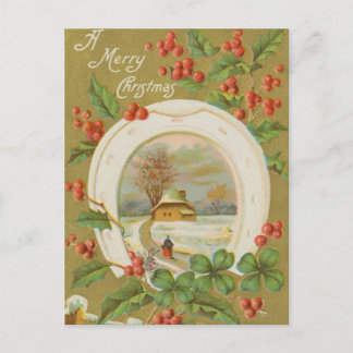 Postal Festiva Vintage Christmas Horseshoe y Holly