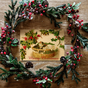Postal Festiva Vintage Christmas Kittens durmiendo con Berries