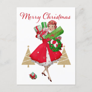 Postal Festiva Vintage Christmas Lady presenta el oro verde rojo