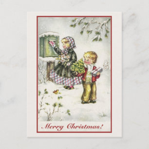 Postal Festiva Vintage Christmas lindo muchacho y chica