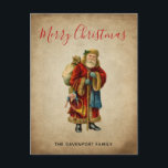 Postal Festiva Vintage Christmas Old World Santa Claus<br><div class="desc">Postal de navidades con un viejo Navidad del Viejo Mundo, Papá Noel. El clásico santa del viejo mundo, con su famoso abrigo rojo y llevando una bolsa llena de juguetes. Este Santa de la vieja usanza es delgado y tiene un bastón para caminar por la tierra regalando juguetes a todos...</div>