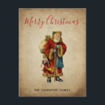 Postal Festiva Vintage Christmas Old World Santa Claus<br><div class="desc">Postal de navidades con un viejo Navidad del Viejo Mundo, Papá Noel. El clásico santa del viejo mundo, con su famoso abrigo rojo y llevando una bolsa llena de juguetes. Este Santa de la vieja usanza es delgado y tiene un bastón para caminar por la tierra regalando juguetes a todos...</div>