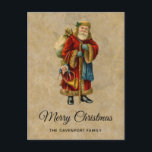 Postal Festiva Vintage Christmas Old World Santa Claus<br><div class="desc">Postal de navidades con un viejo Navidad del Viejo Mundo, Papá Noel. El clásico santa del viejo mundo, con su famoso abrigo rojo y llevando una bolsa llena de juguetes. Este Santa de la vieja usanza es delgado y tiene un bastón para caminar por la tierra regalando juguetes a todos...</div>