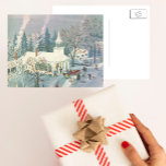 Postal Festiva Vintage Christmas, People Going to Church in Snow<br><div class="desc">Vintage illustration Christmas holiday religious design featuring a cute chapel in the winter season with trees covered in snow. People are arriving for services in horse drawn carriages and smoke is rising from chimneys.</div>