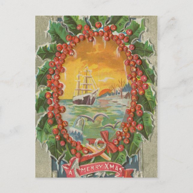 Postal Festiva Vintage Christmas Sailboat Wreath (Anverso)