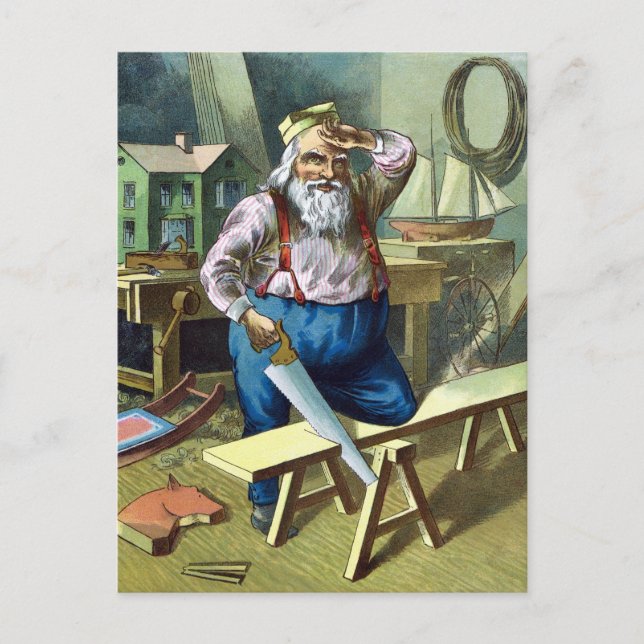 Postal Festiva Vintage Christmas, Santa Claus construyendo juguet (Anverso)