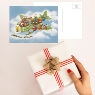 Postal Festiva Vintage Christmas, Santa Claus Flying an Airplane