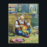 Postal Festiva Vintage Christmas, Santa Claus haciendo muñecas de<br><div class="desc">Diseño de las vacaciones de ilustracion Vintage Feliz Navidad con una página del libro Santa Claus y Sus Obras. Publicado por McLoughlin Brothers en 1889. La historia nos cuenta del trabajo de Santa haciendo juguetes para todos los niños y chicas buenos del mundo. Esta imagen de la era victoriana muestra...</div>