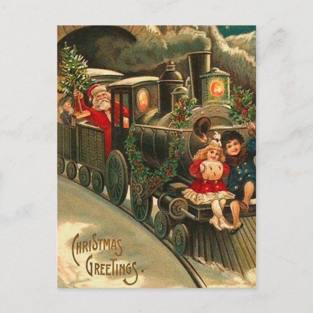 Postal Festiva Vintage Christmas Santa On Train (Anverso)