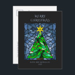 Postal Festiva Vintage Christmas Sfred Glass<br><div class="desc">Estas hermosas postales de Navidades de 4.25" x 5.6" presentan un diseño de vidrio manchado de color de agua hecho a mano con un árbol de Navidad con una estrella dorada con ornamentos rojos con un fondo en tonos azules. El saludo editable es "Feliz Navidad", y marcadores de posición para...</div>