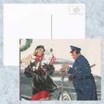 Postal Festiva Vintage Christmas, Shopping presenta al policía<br><div class="desc">Ilustracion de la Vintage. Imagen de feriado navideño con una madre cargando regalos de Navidades de vuelta a su auto estacionado. Un amable agente de la policía le da de comer su contador de estacionamiento mientras está nevando durante la temporada invernal. ¡Divertido diseño kitsch retro de los años 50!</div>
