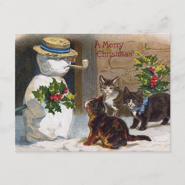 Postal Festiva Vintage Christmas Snowman & Kittens Card (Anverso)