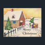 Postal Festiva Vintage Christmas Tree on a Snowley Winter Road<br><div class="desc">Ilustracion Vintage Diseño navideño de Feliz Navidad con una carretera cubierta de nieve durante la temporada invernal. Una familia está trayendo a casa un pino recién cortado o un árbol navideño de abetos en un trineo tirado por un caballo.</div>