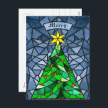 Postal Festiva Vintage Christmas Tree Sained Glass<br><div class="desc">Estos hermosos Navidades saludan postales con un diseño de vidrio manchado de acuarela hecho a mano que presenta un árbol de Navidad con una estrella dorada con ornamentos rojos con un fondo en tonos azules. El saludo editable es "Merry". La parte posterior tiene el mensaje editable "Deseándote paz, amor y...</div>