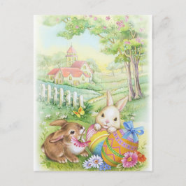 Postal Festiva Vintage, conejitos de pascua nostálgicos