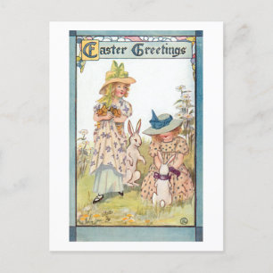Postal Festiva Vintage Country Chicas con conejillos y pollitos d