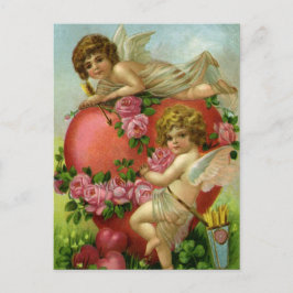 Postal Festiva Vintage Día de San Valentín Angels Rosa de corazón