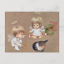Vintage Dos Navidades Angels alimentando aves