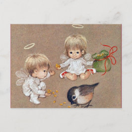 Postal Festiva Vintage Dos Navidades Angels alimentando aves