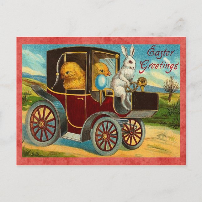 Postal Festiva Vintage Easter Bunny Car Ride (Anverso)