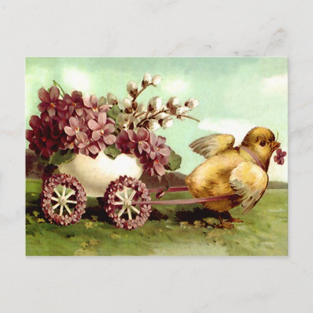 Postal Festiva Vintage Easter Chick and Flower Wagon (Anverso)