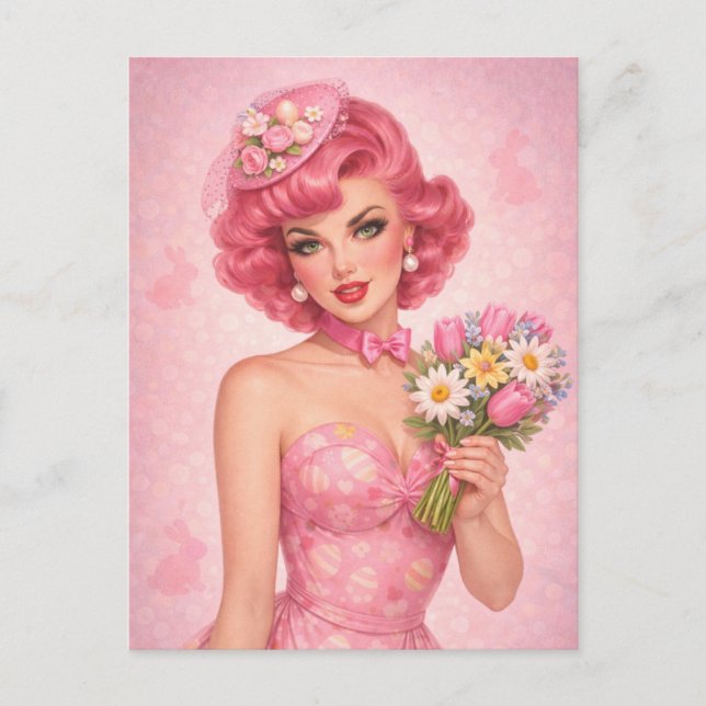 Postal Festiva Vintage Easter Postcard  | Pink Floral  (Anverso)