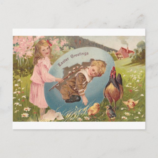 Postal Festiva Vintage Easter Victorian Chica & Boy (Anverso)