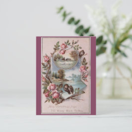 Postal Festiva Vintage Ephemera Navidades Aves Paisaje Floral