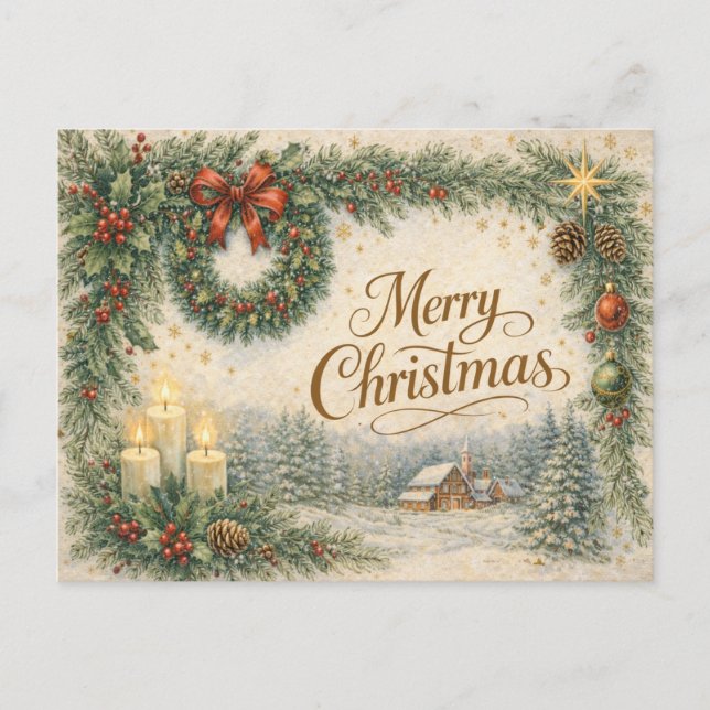 Postal Festiva Vintage Evergreen Wreath Merry Christmas  (Anverso)