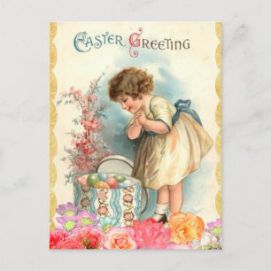 Postal Festiva Vintage Floral Easter Chica y Huevos