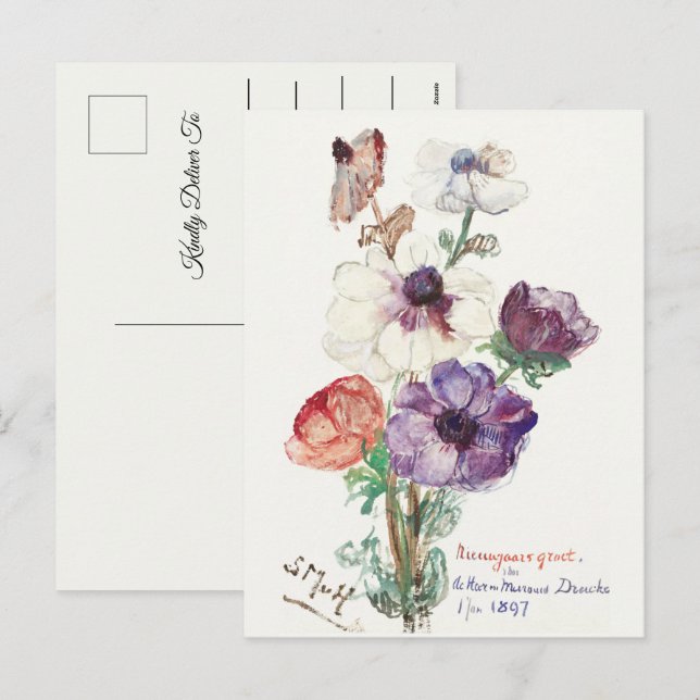 Postal Festiva Vintage Floral Feliz Año Nuevo (Anverso / Reverso)