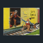 Postal Festiva Vintage Funny Hitching Ride Lets take a trip train<br><div class="desc">A vintage retro style postcard with friends hitching a free ride on the train.. Makes a fun travel postcard to share! The text is a template so you easily make changes if you want! Also, by using the "Customize It" option you can add additional text areas, etc.! Enjoy Life &...</div>