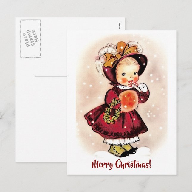 Postal Festiva Vintage Funny Little Girl Navidades (Anverso / Reverso)