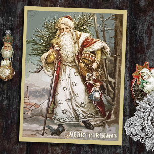 Postal Festiva Vintage Gold Dad Christmas with Tree and Toys