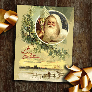 Postal Festiva Vintage Gold Father Christmas Winter Scene