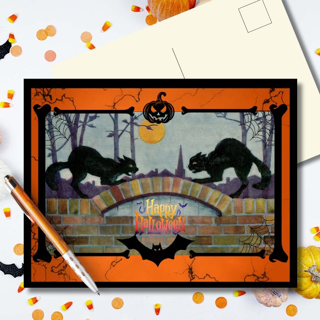 Postal Festiva Vintage Halloween Black Cats (Subido por el creador)