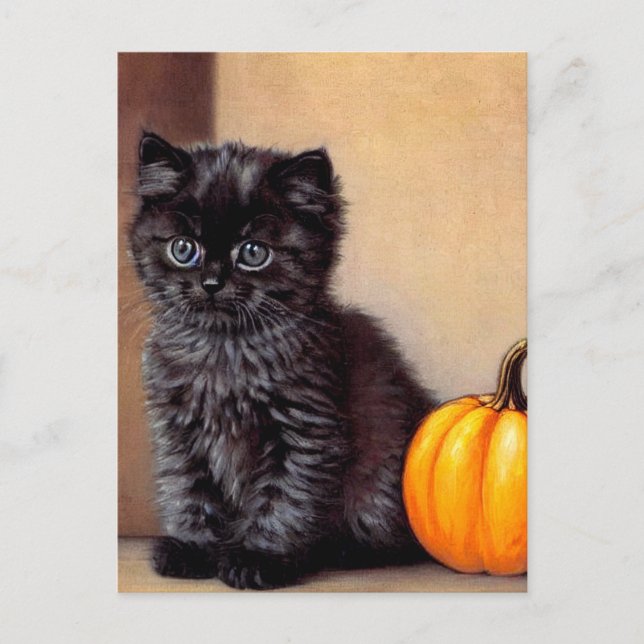 Postal Festiva Vintage Halloween Black Kitten Ilustracion (Anverso)