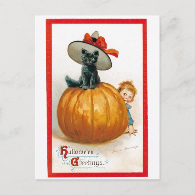 Postal Festiva Vintage Halloween saludo gato negro (Anverso)