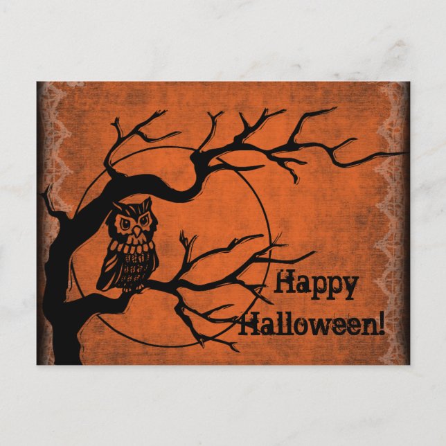 Postal Festiva Vintage Happy Halloween con Owl (Anverso)