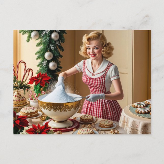Postal Festiva Vintage Housewives Baking Navidades postres (Anverso)