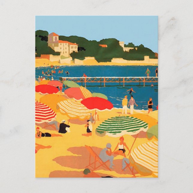 Postal Festiva Vintage Ilustracion de playa Riviera Francés (Anverso)