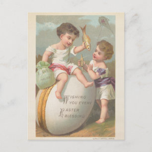 Postal Festiva Vintage lindo niños pequeños juegan huevo bendició