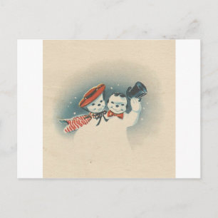 Postal Festiva Vintage Merrie Navidades Snowman Couple 3