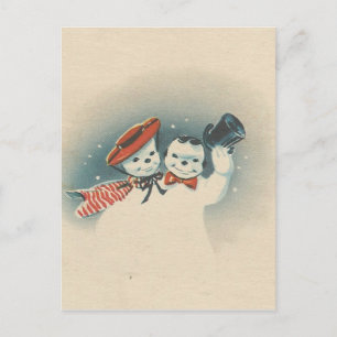 Postal Festiva Vintage Merrie Navidades Snowman Couple 3