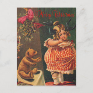 Postal Festiva Vintage Merry Christmas Chica and Bear